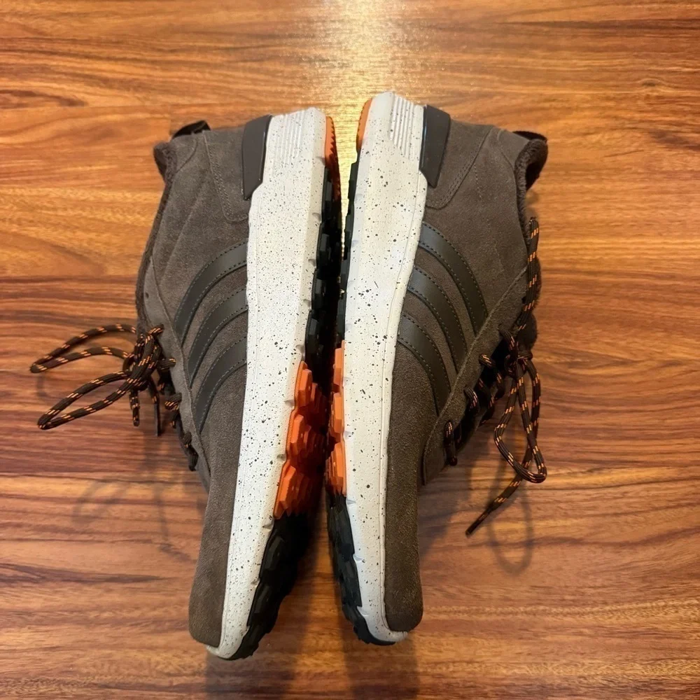 Brown Adidas Ortholite suede sneakers with fuzzy material